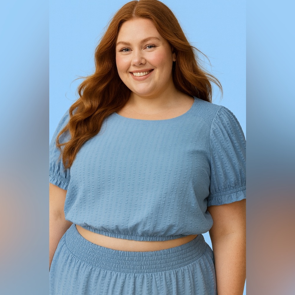 Torrid Mountain Spring Blue Midi Seersucker Smocked Crop Top & Skirt Set, NEW! - Picture 9 of 12